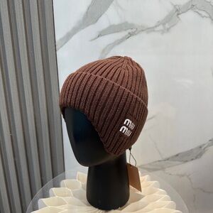 Miu Miu Chocolate Ribbed Knit Beanie